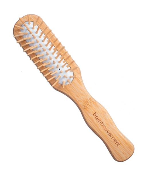 Cepillo para el pelo de bambú Alargado con púas rectas.
