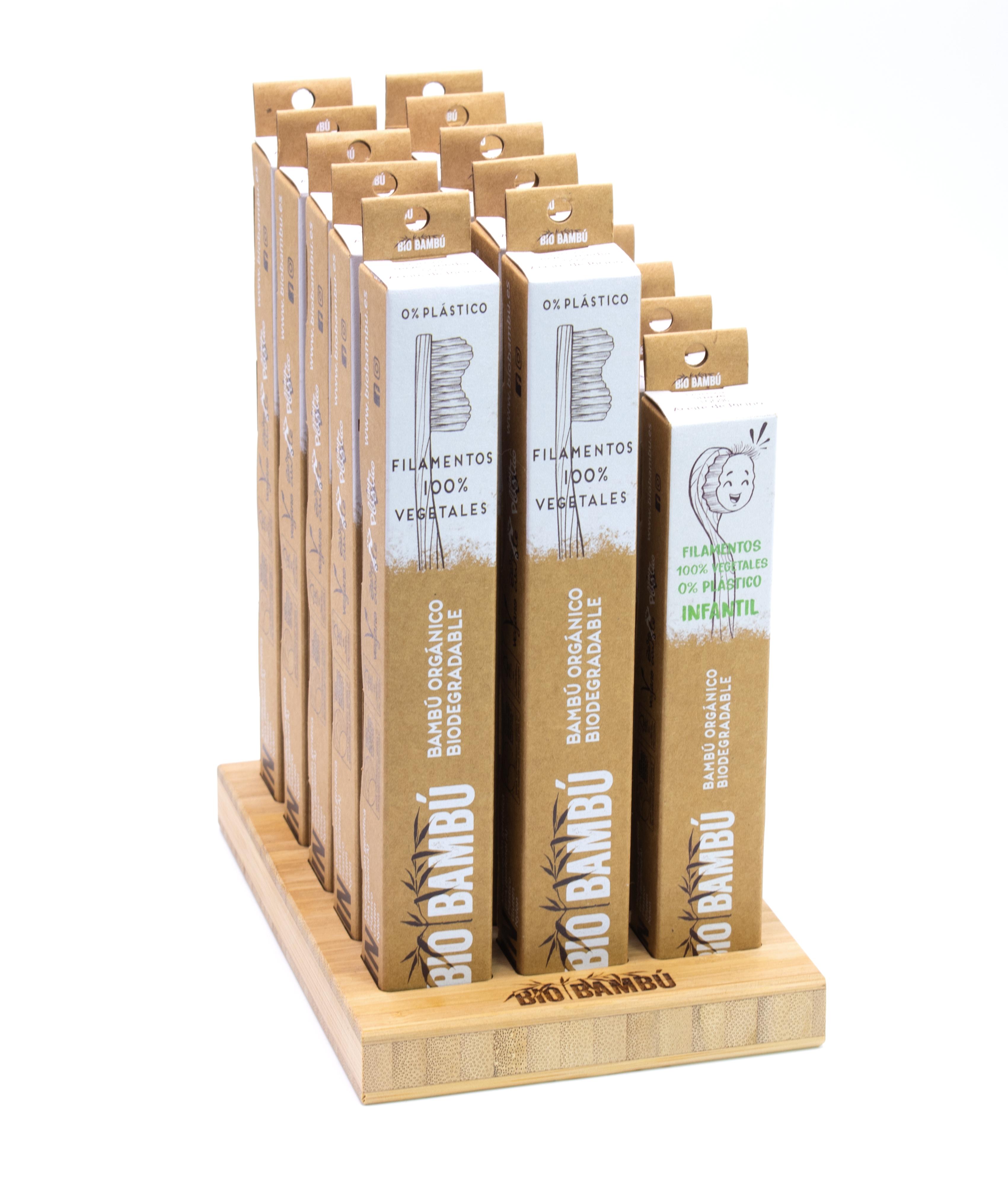 Expositor cepillos dentales BioBambú: 15 Adulto + 5 extra suave + 10 infantiles.