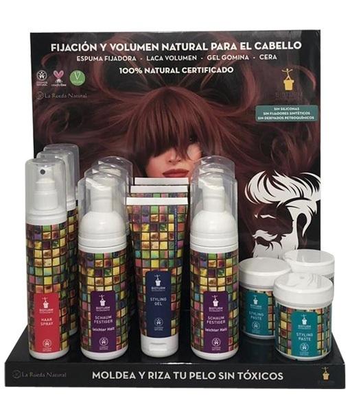 Expositor línea Styling: 3 unidades de cada Cera, Espumas, Gel, Laca y Spray termoprotector.