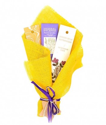 Bouquet Amarillo con 3 inciensos: JN Coco, BioAroma Lavanda, Inc. Mirra e incensario pequeño