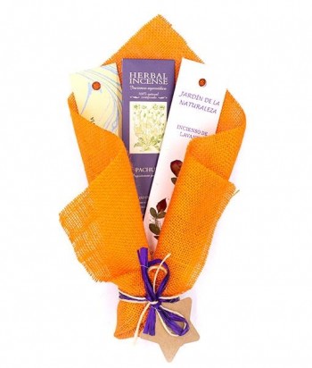 Bouquet Naranja con 3 inciensos: JN Lavanda, BioAroma Pachuli, Inc. Gotas e incensario pequeño