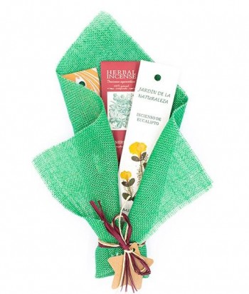Bouquet Verde con 3 inciensos: JN Eucalipto, BioAroma Mirra, Inc. Canela e incensario pequeño