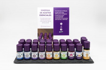 Expositor Mezclas de Aceites esen. Taoasis: 3uds de 10 fragancias +10 Tester. Pizarra y cartela: x