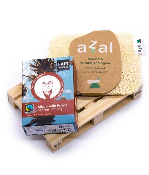 Regalo: Jabón exfoliante de coco Fair Squared con jabonera Azal