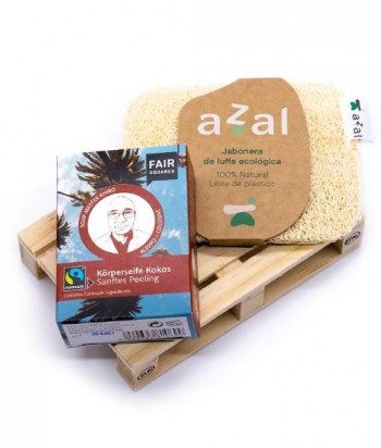 Regalo: Jabón exfoliante de coco Fair Squared con jabonera Azal