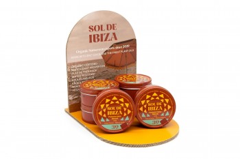 Expositor de mesa Sol de Ibiza Crema solar SPF30. 6 latas.