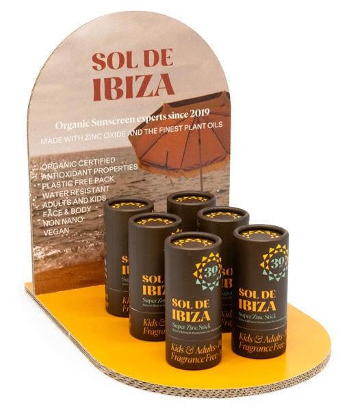 Expositor Sol de Ibiza. 6 uds Stick SPF30. Dual OVALADO